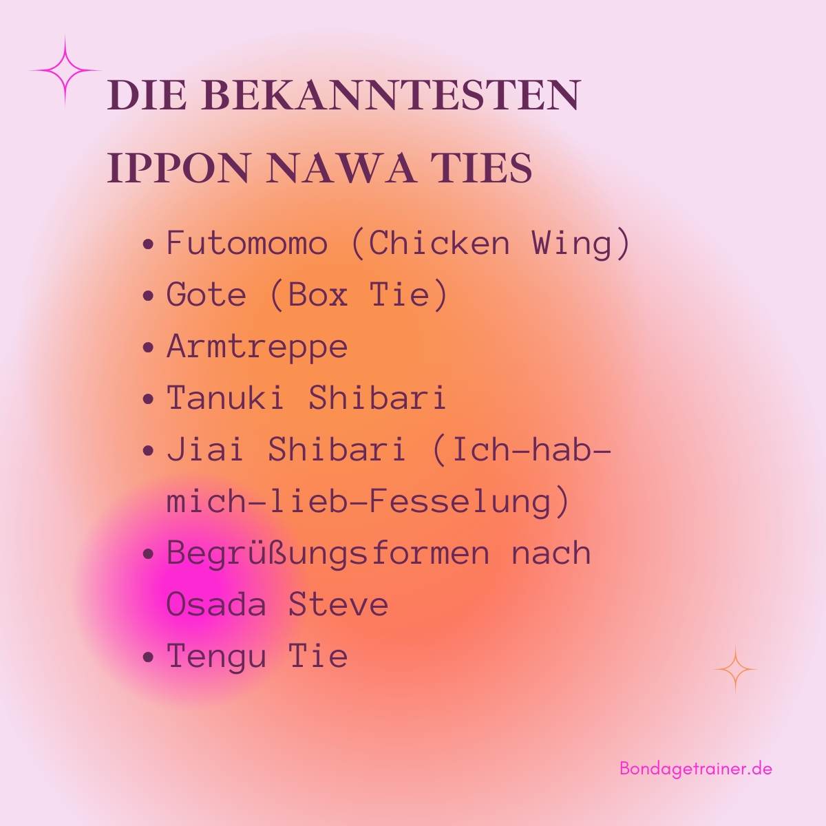 Aufzählung der bekanntesten Ippon Nawa Fesselungen